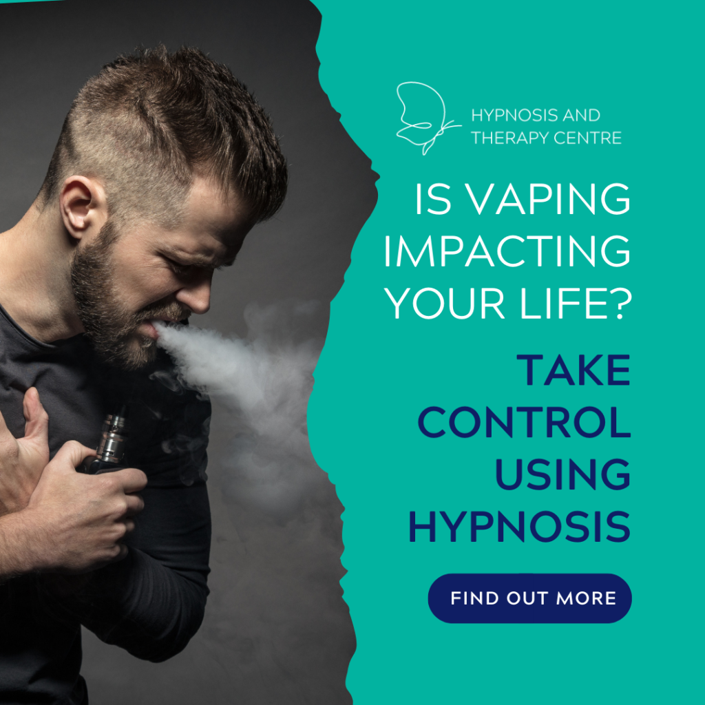 A man coughing on vape smoke. Text reads "Is vaping impacting your life? Take Control Using Hypnosis"